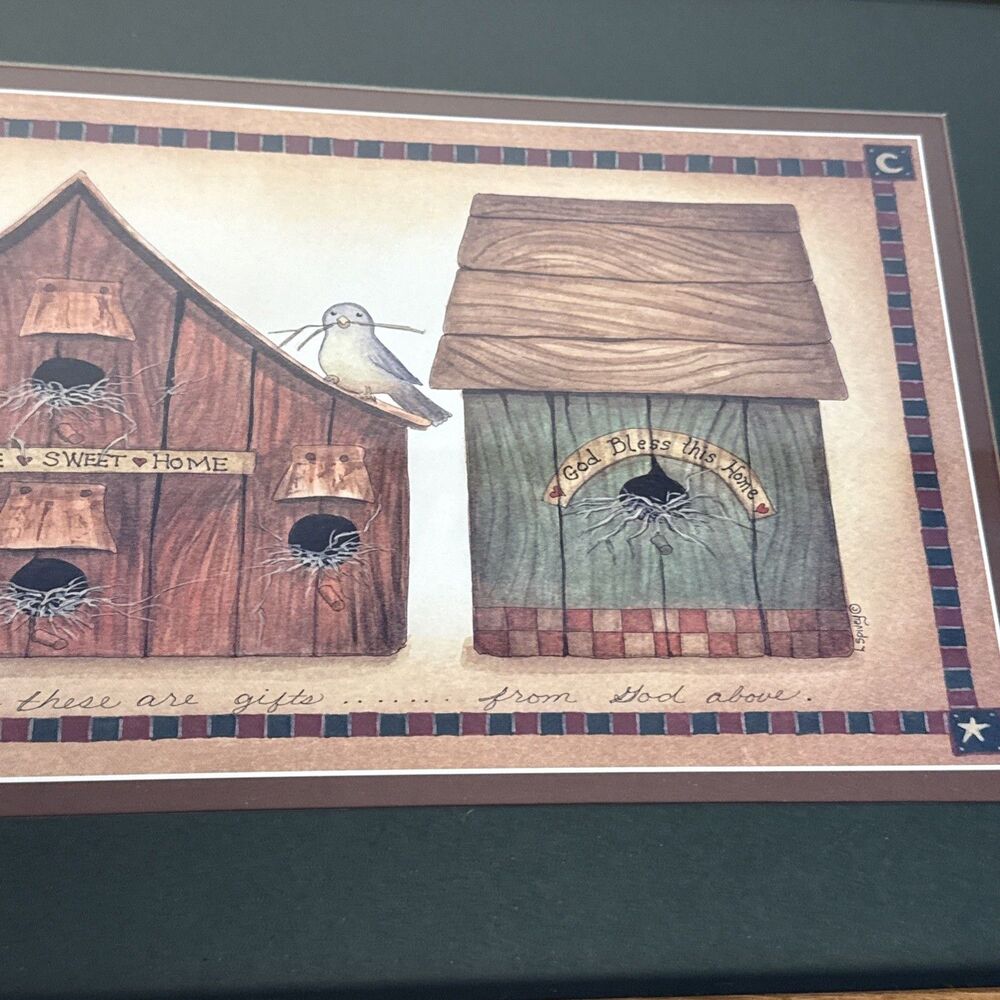 Linda Spivey Art Print Wood Framed Birdhouse w/Potted Plant 23" x 13” God Bless - Picture 4 of 9